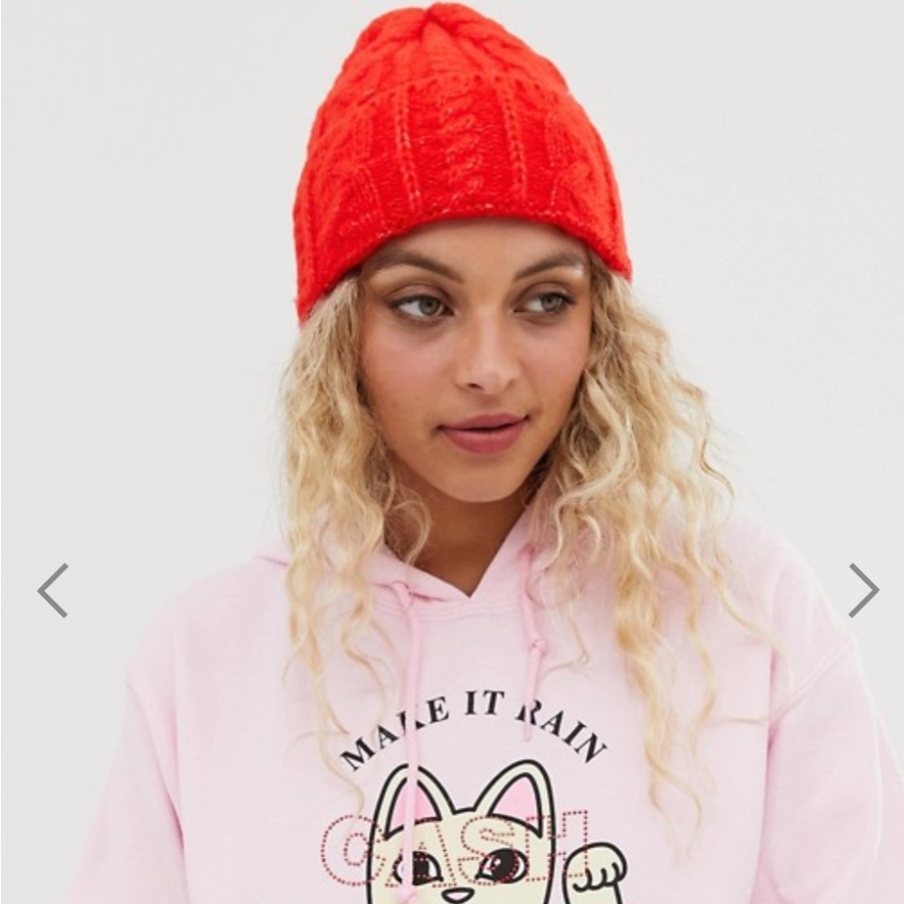 ASOS DESIGN cable knit beanie hat in red